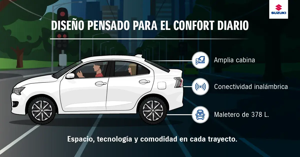 Suzuki sedán diseñado para el confort diario.
